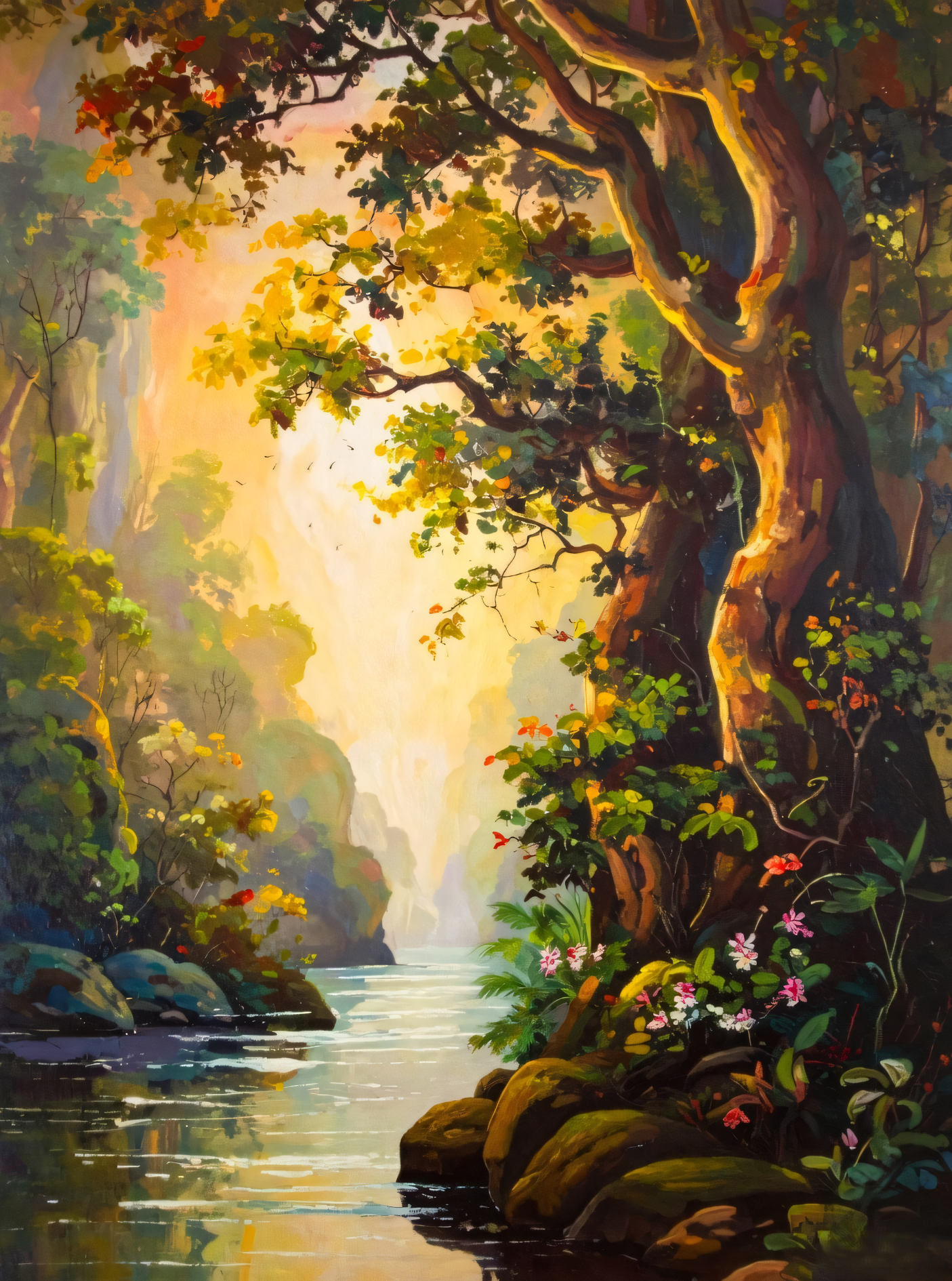 Enchanted Canyon: Impressionist Sun-Drenched River Landscape