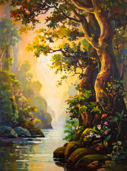 Enchanted Canyon: Impressionist Sun-Drenched River Landscape