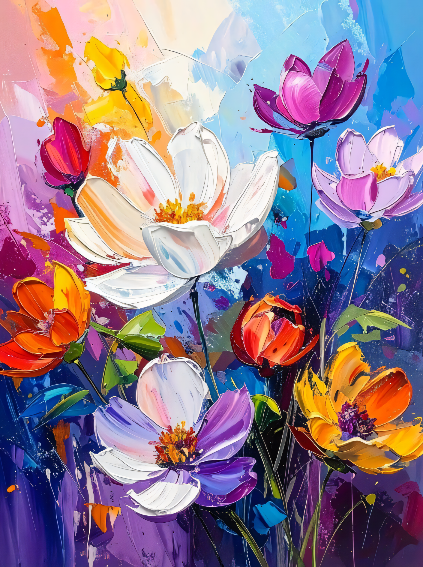 Electric Blooms: Bold Expressionist Abstract Floral Canvas Art