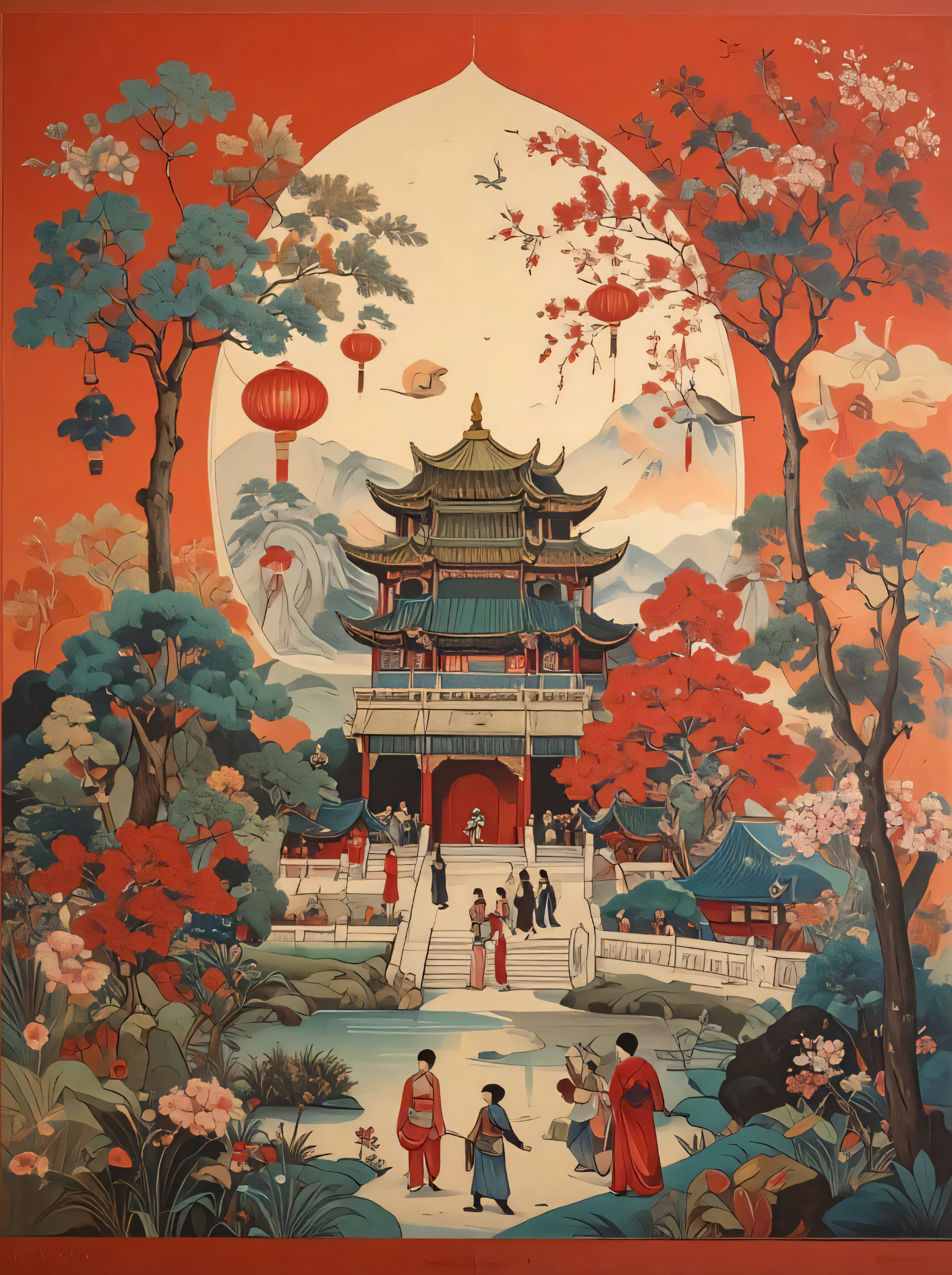 Heritage Traditional Asian Pagoda & Garden Canvas Art