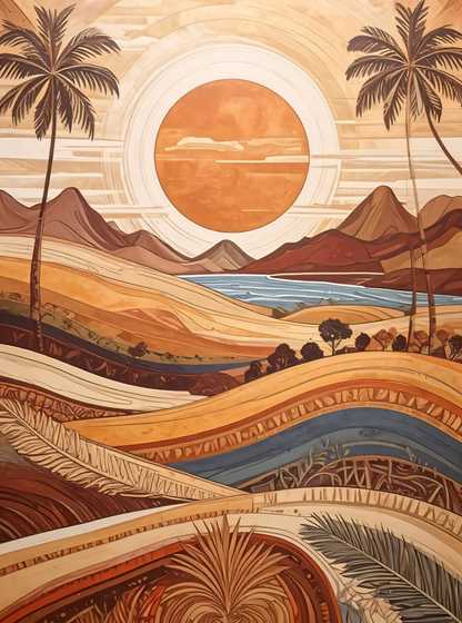 Desert Oasis: Modern Geometric Tropical Landscape Canvas Art