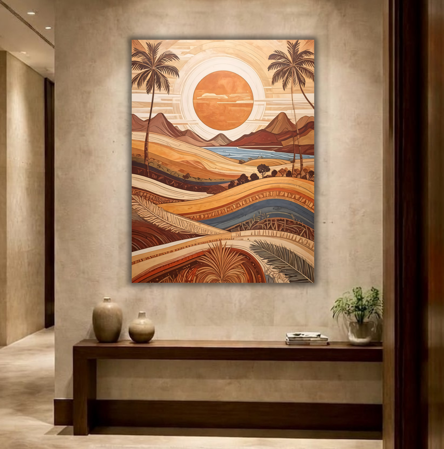 Desert Oasis: Modern Geometric Tropical Landscape Canvas Art