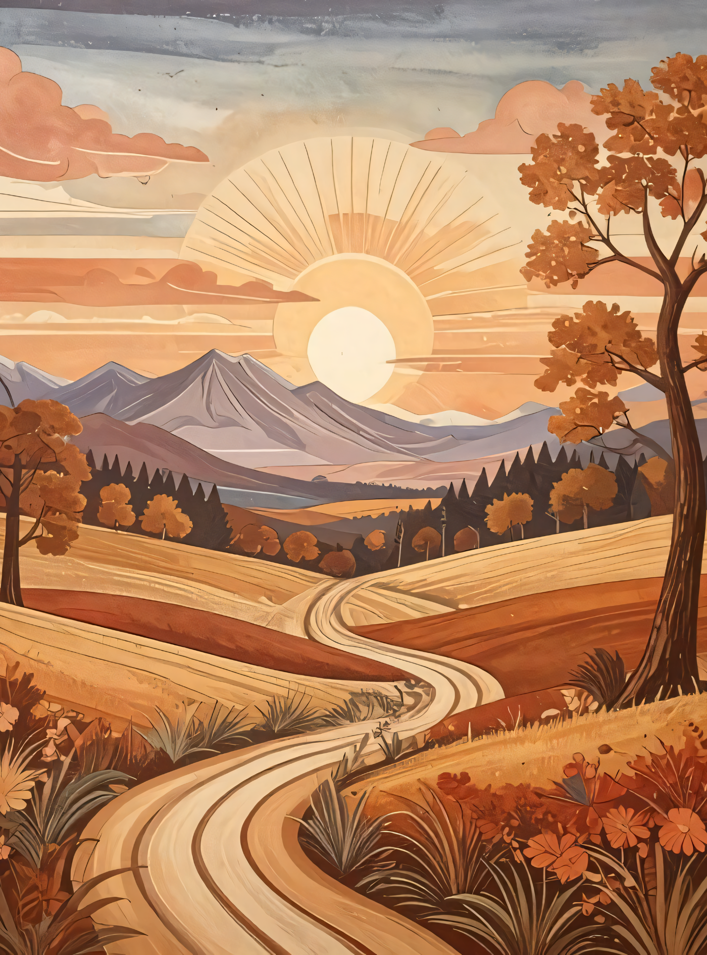 Golden Fields: Retro Country Road Sunset Canvas Art