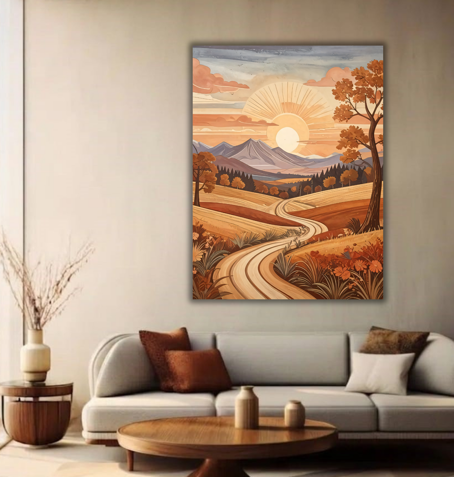 Golden Fields: Retro Country Road Sunset Canvas Art