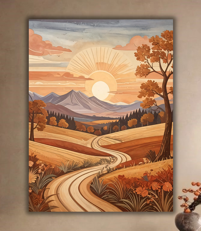 Golden Fields: Retro Country Road Sunset Canvas Art