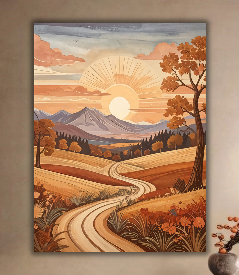 Golden Fields: Retro Country Road Sunset Canvas Art