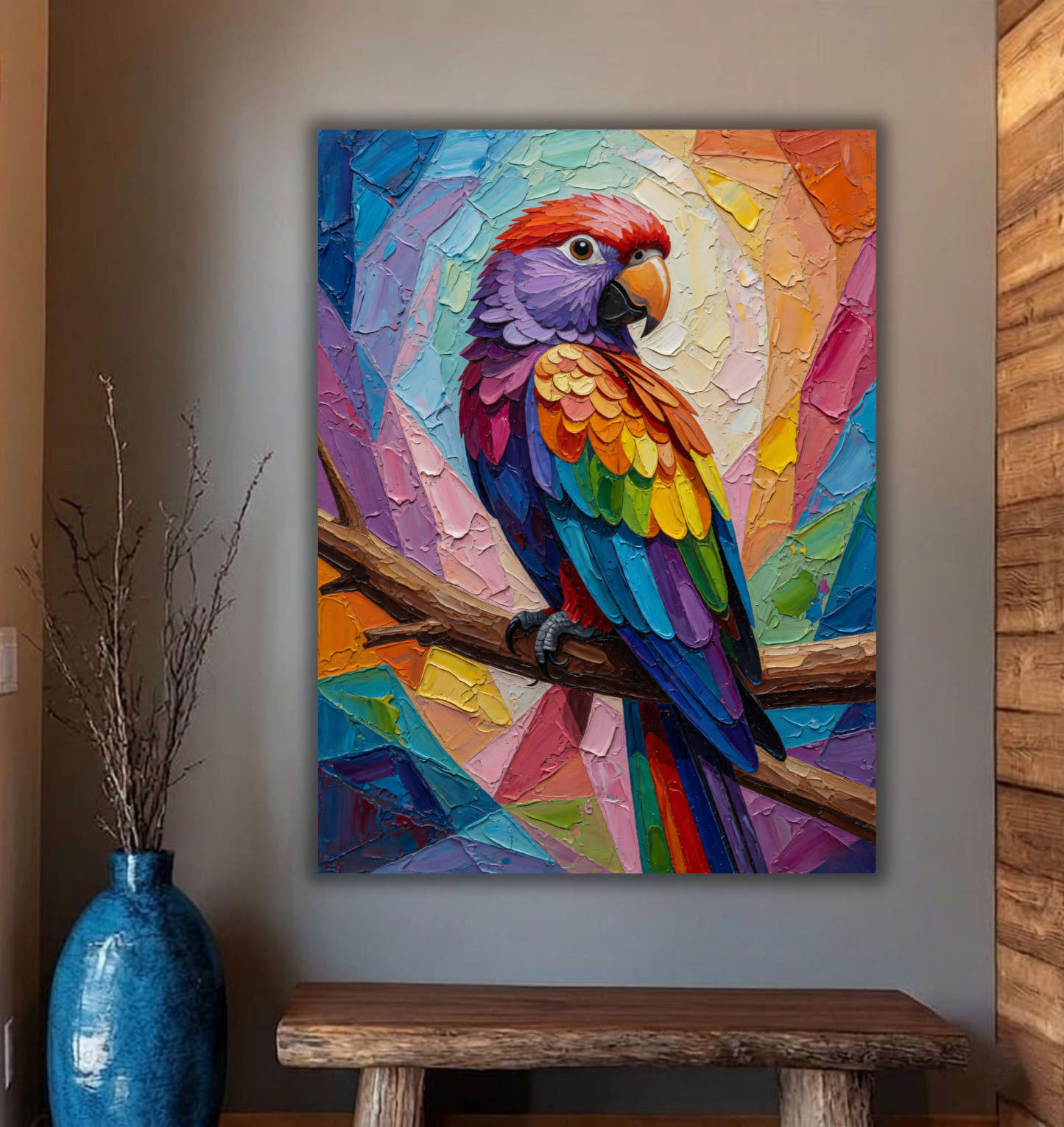 Vivid Canopy: Textured Macaw Palette-Knife Canvas Art