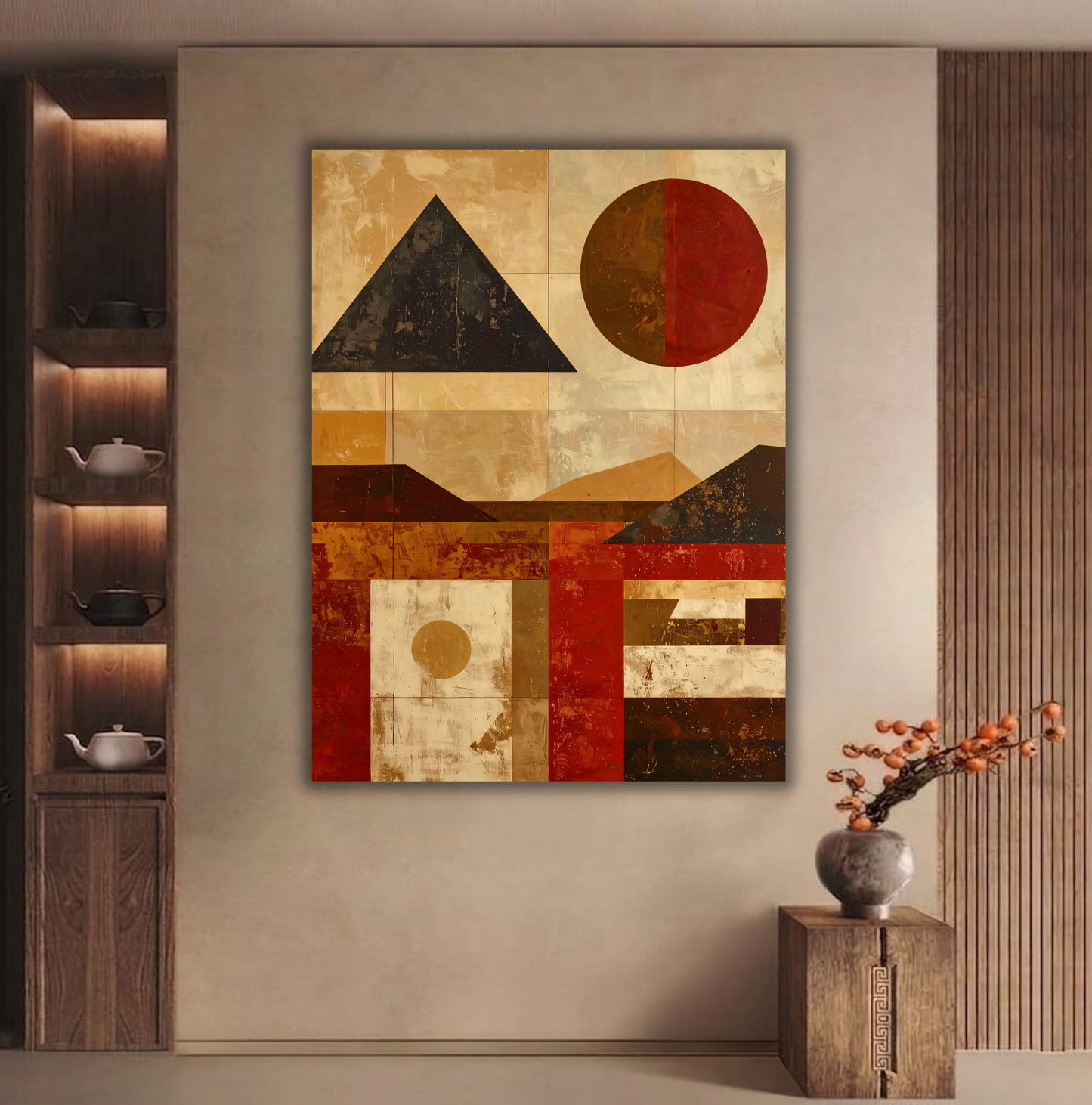 Crimson Eclipse: Modern Geometric Abstract Canvas Art