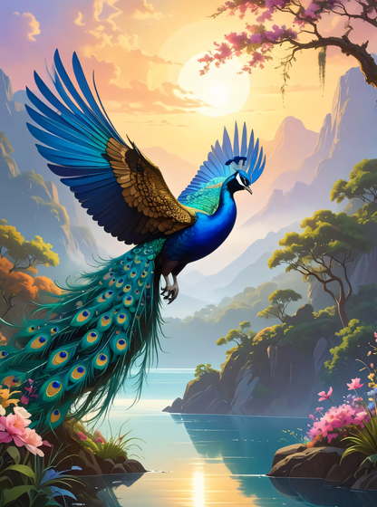 Celestial Flight: Ascending Peacock Landscape Canvas Art