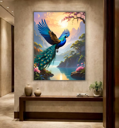 Celestial Flight: Ascending Peacock Landscape Canvas Art
