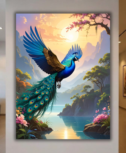 Celestial Flight: Ascending Peacock Landscape Canvas Art