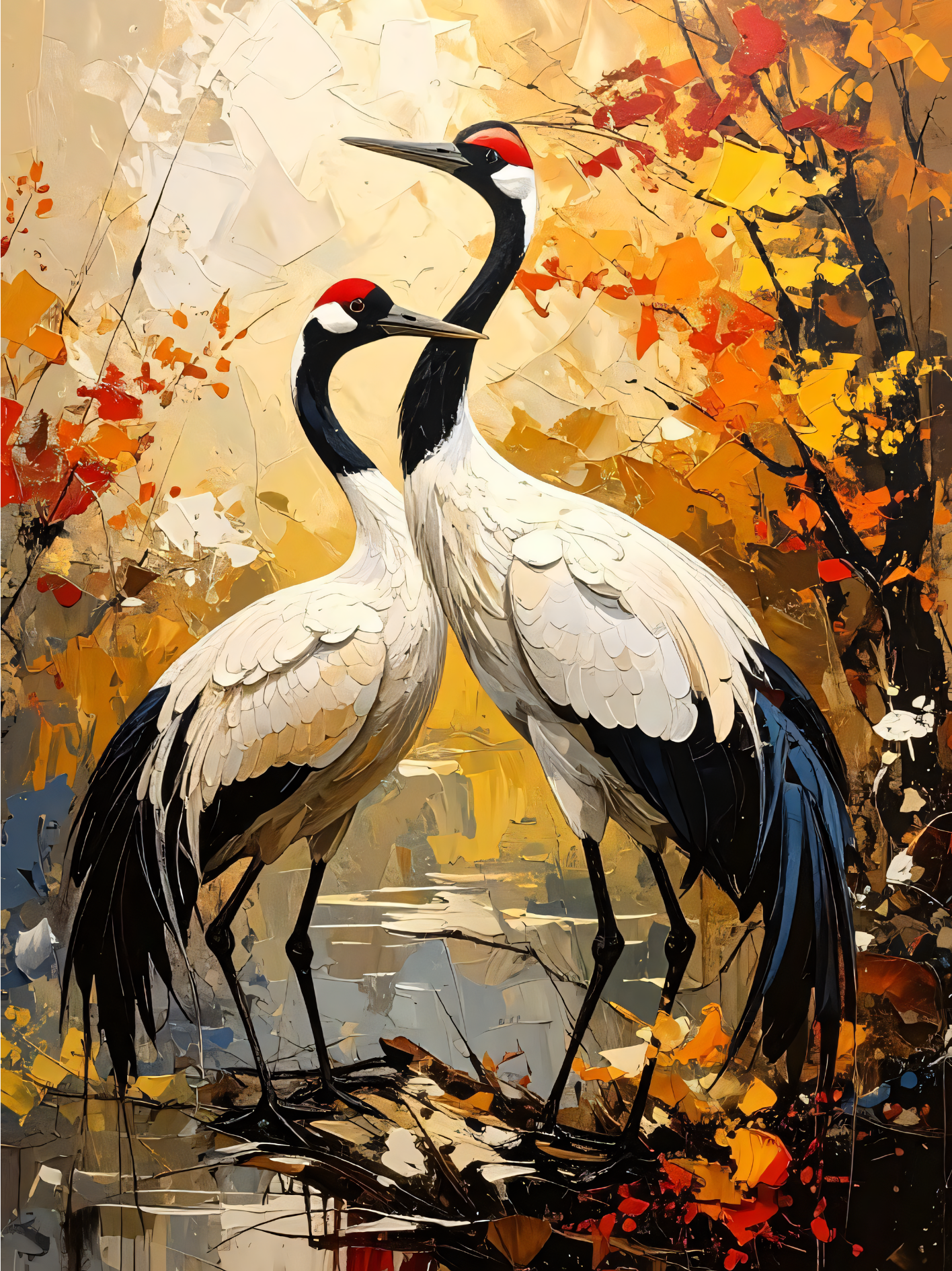 Ethereal Harmony: Textured Red-Crowned Cranes Canvas Art Print