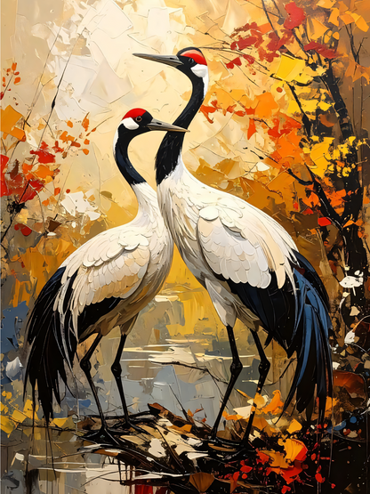 Ethereal Harmony: Textured Red-Crowned Cranes Canvas Art Print