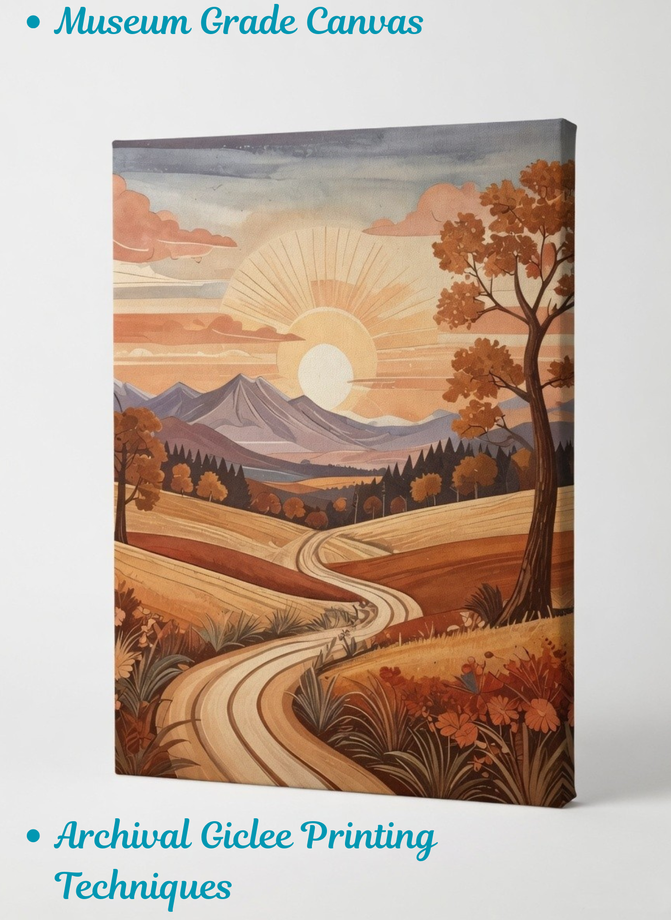 Golden Fields: Retro Country Road Sunset Canvas Art