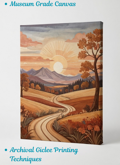 Golden Fields: Retro Country Road Sunset Canvas Art