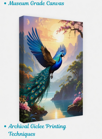 Celestial Flight: Ascending Peacock Landscape Canvas Art