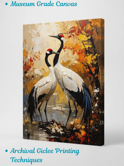 Ethereal Harmony: Textured Red-Crowned Cranes Canvas Art Print