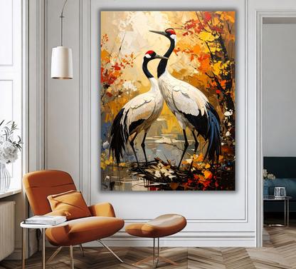 Ethereal Harmony: Textured Red-Crowned Cranes Canvas Art Print