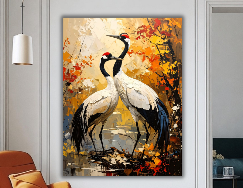 Ethereal Harmony: Textured Red-Crowned Cranes Canvas Art Print