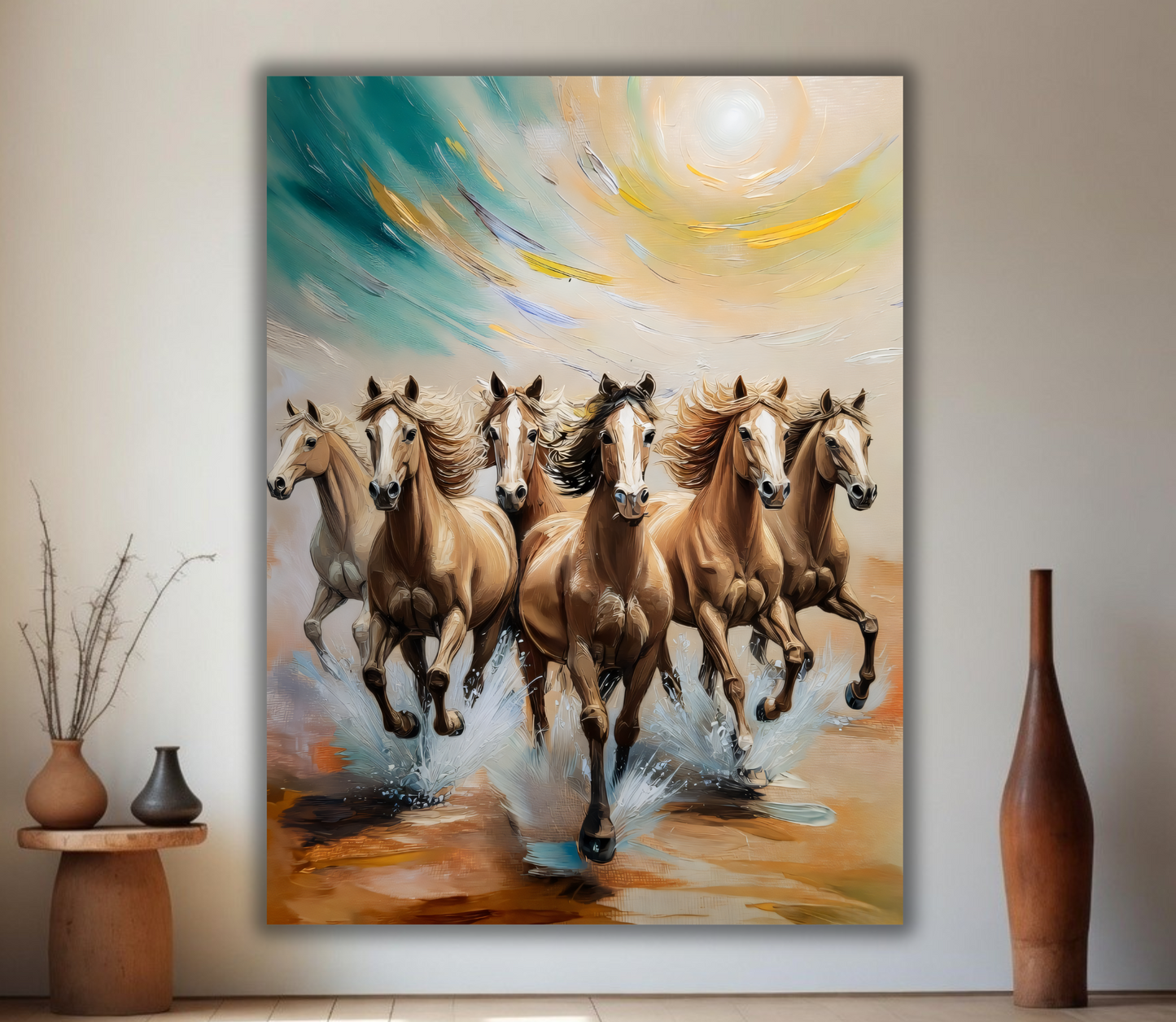 Golden Stampede: Impasto Expressionist Horses Canvas Art Print