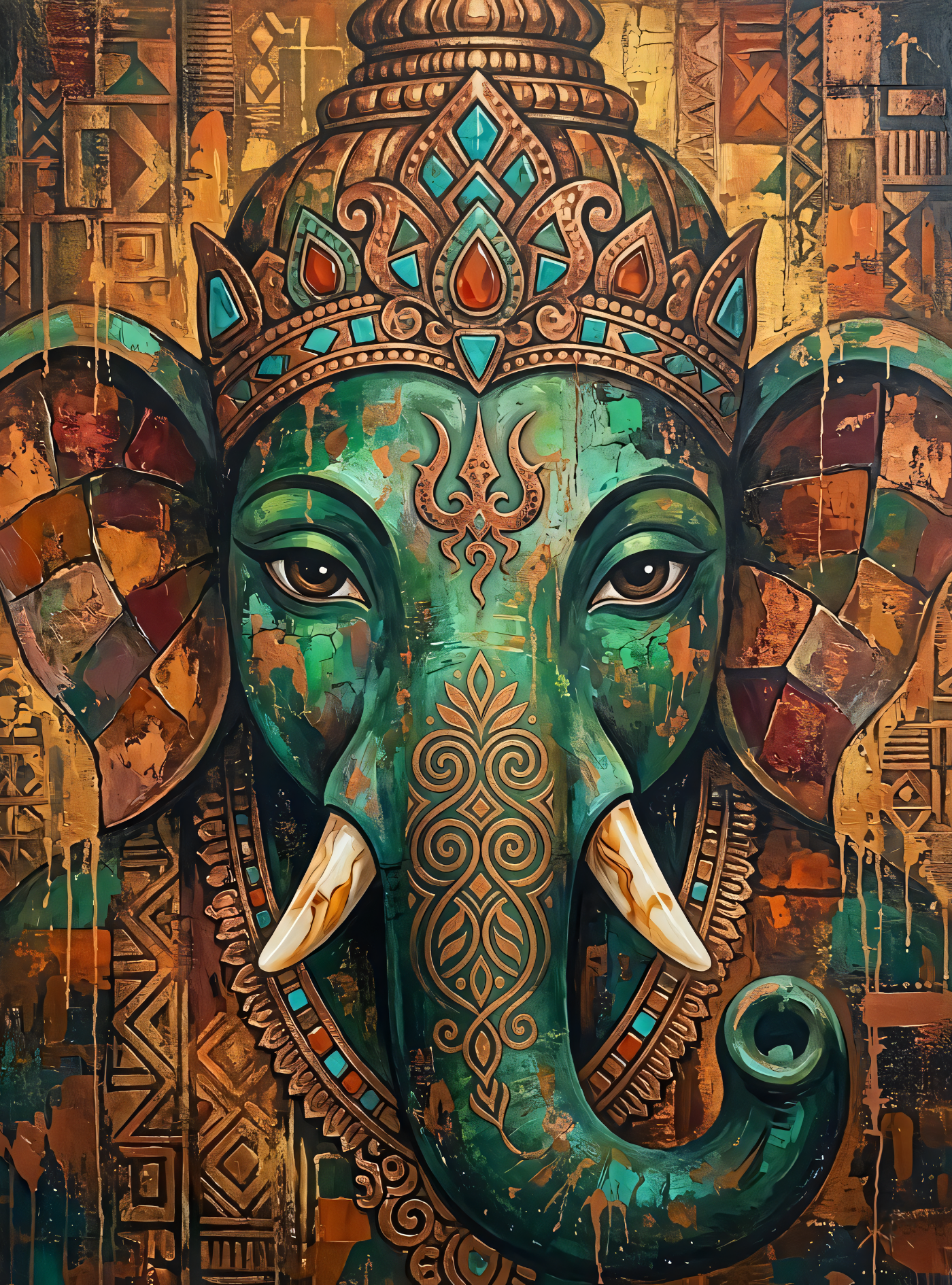 Sacred Presence: Vibrant Teal and Bronze Ganesha Elephant Canvas Print