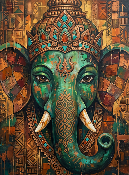 Sacred Presence: Vibrant Teal and Bronze Ganesha Elephant Canvas Print