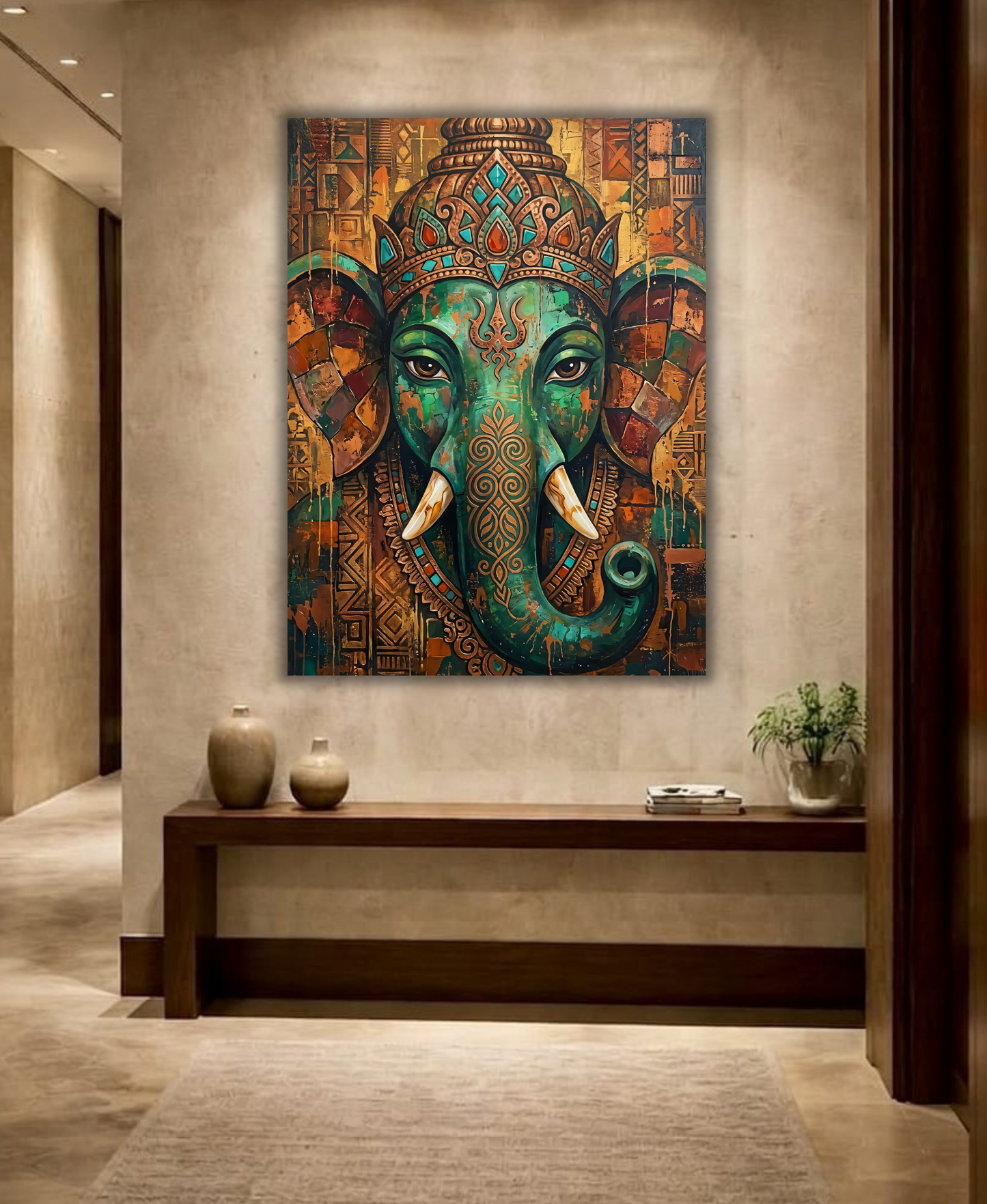 Sacred Presence: Vibrant Teal and Bronze Ganesha Elephant Canvas Print