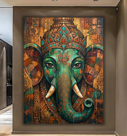 Sacred Presence: Vibrant Teal and Bronze Ganesha Elephant Canvas Print