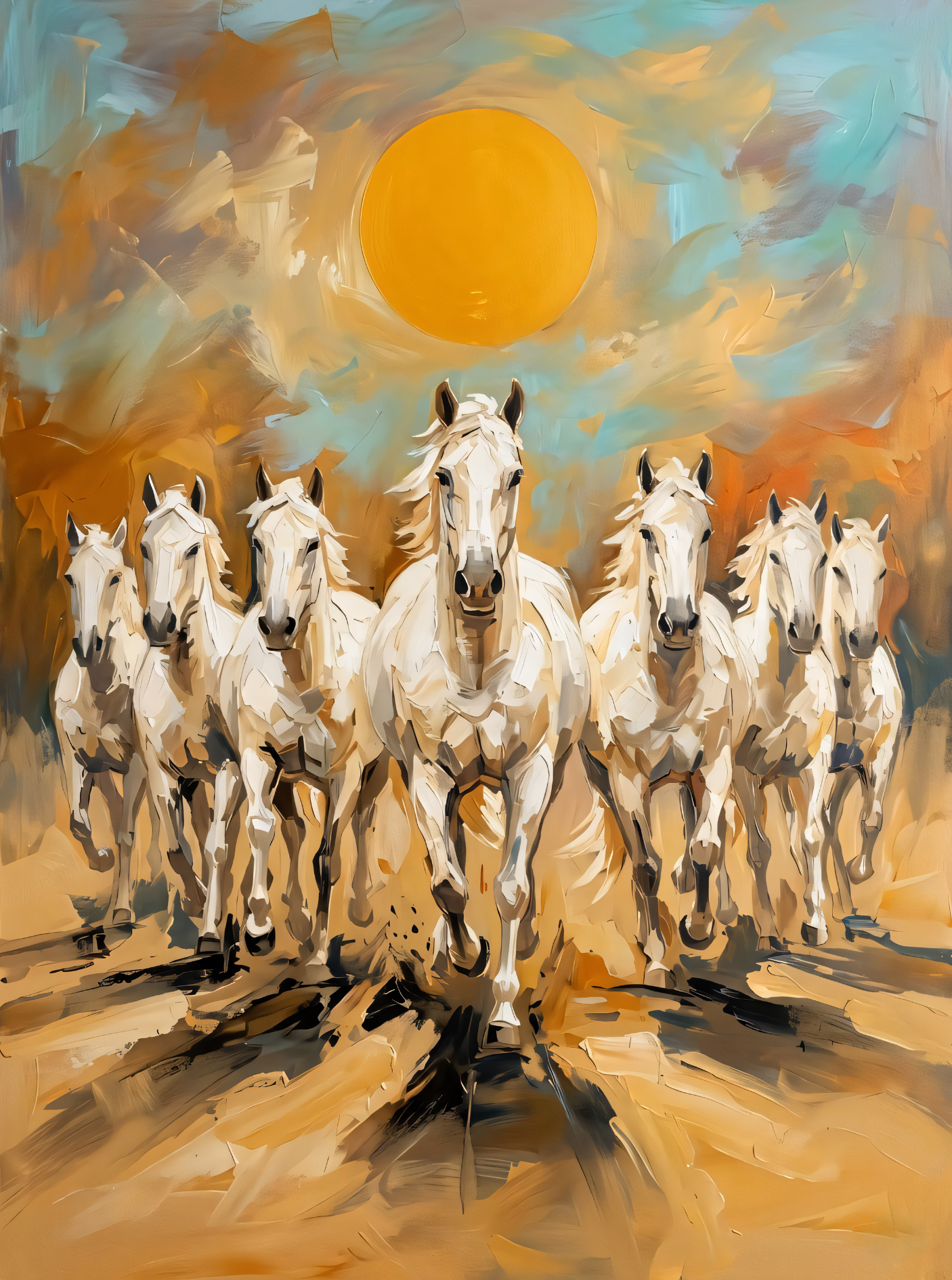 Sunlit Gallop: Expressionist White Horses Canvas Art Print