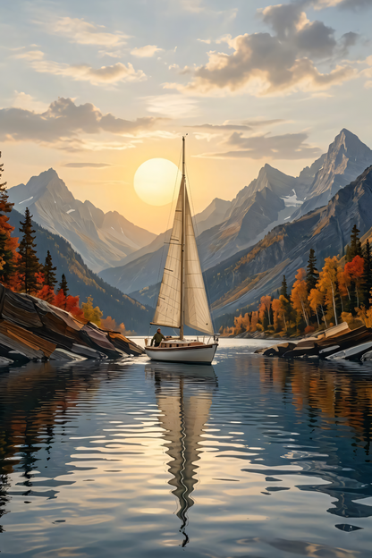 Golden Hour Voyage: Mountain Lake Sailboat Canvas Art Print