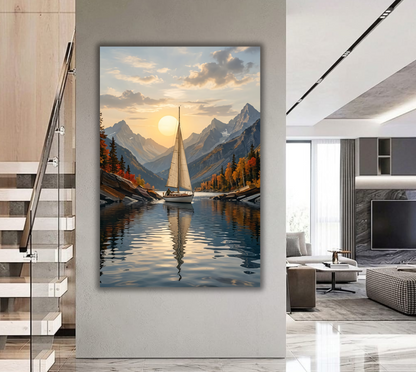 Golden Hour Voyage: Mountain Lake Sailboat Canvas Art Print