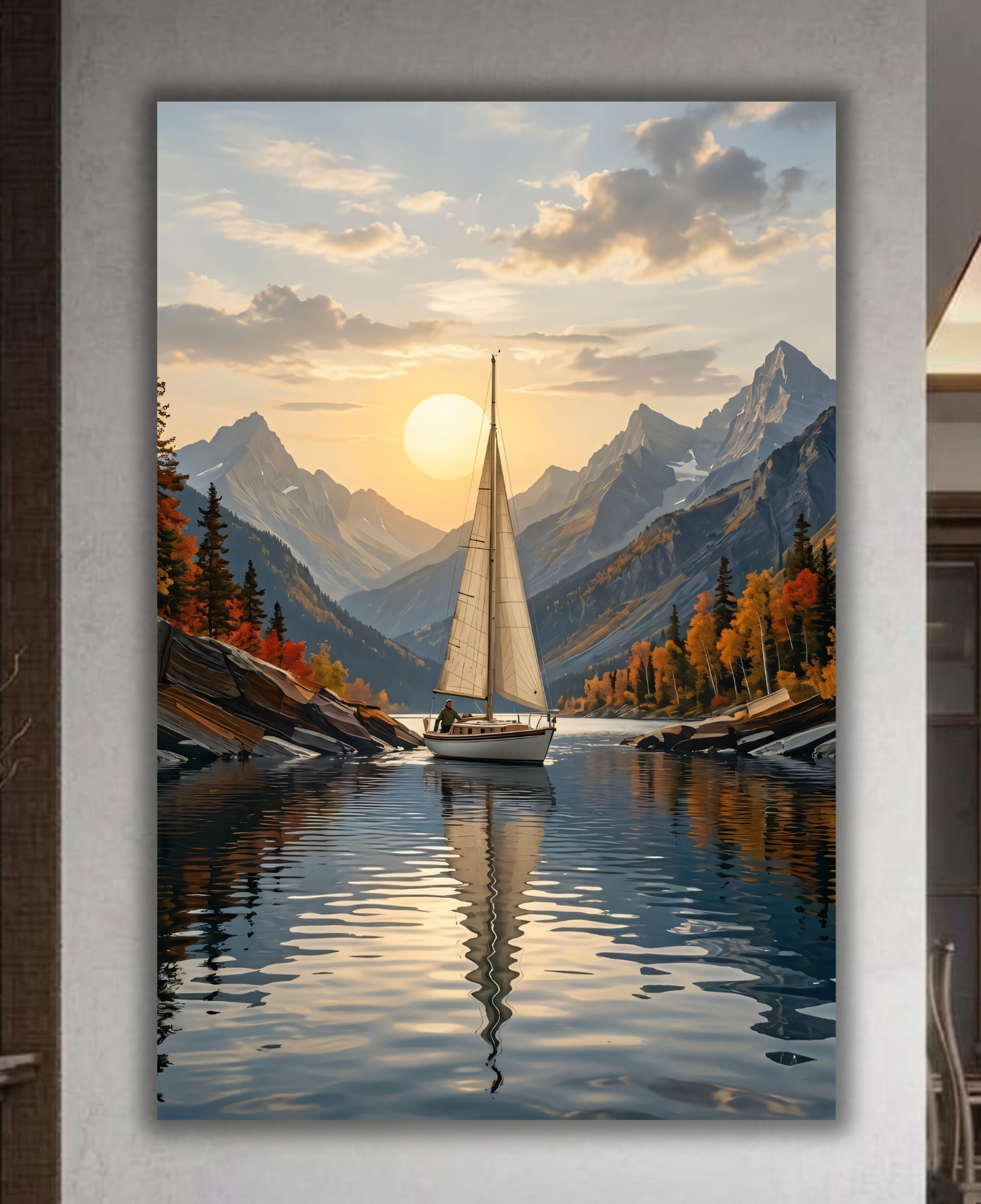 Golden Hour Voyage: Mountain Lake Sailboat Canvas Art Print