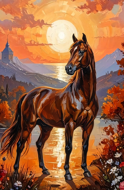 Regal Sentinel: Impressionist Bay Horse Autumn Landscape Canvas Print