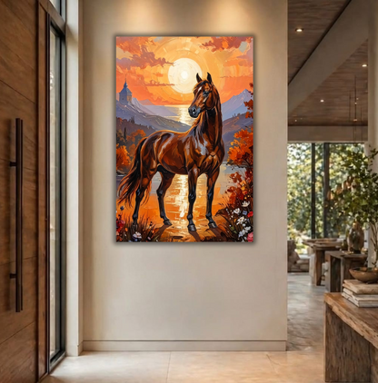 Regal Sentinel: Impressionist Bay Horse Autumn Landscape Canvas Print