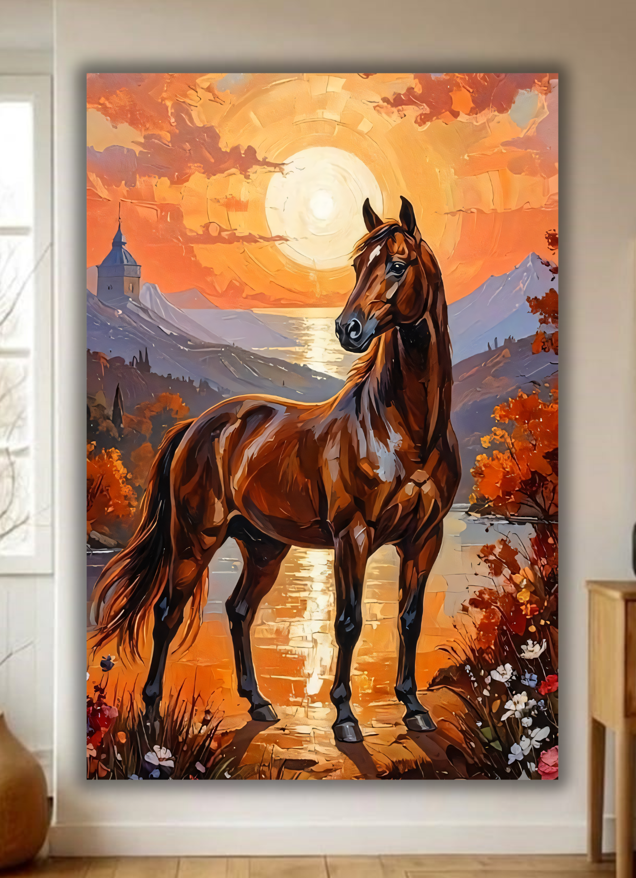 Regal Sentinel: Impressionist Bay Horse Autumn Landscape Canvas Print