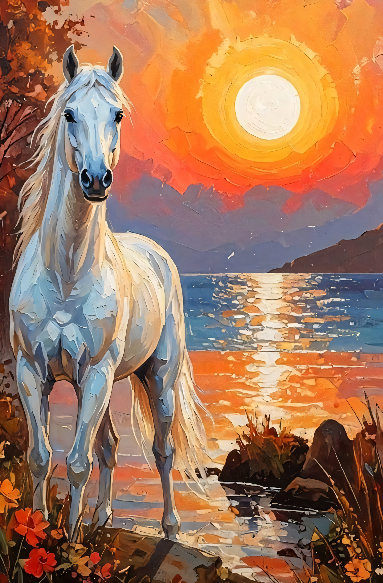 Coastal Serenade: Impressionist White Stallion Sunset Canvas Print