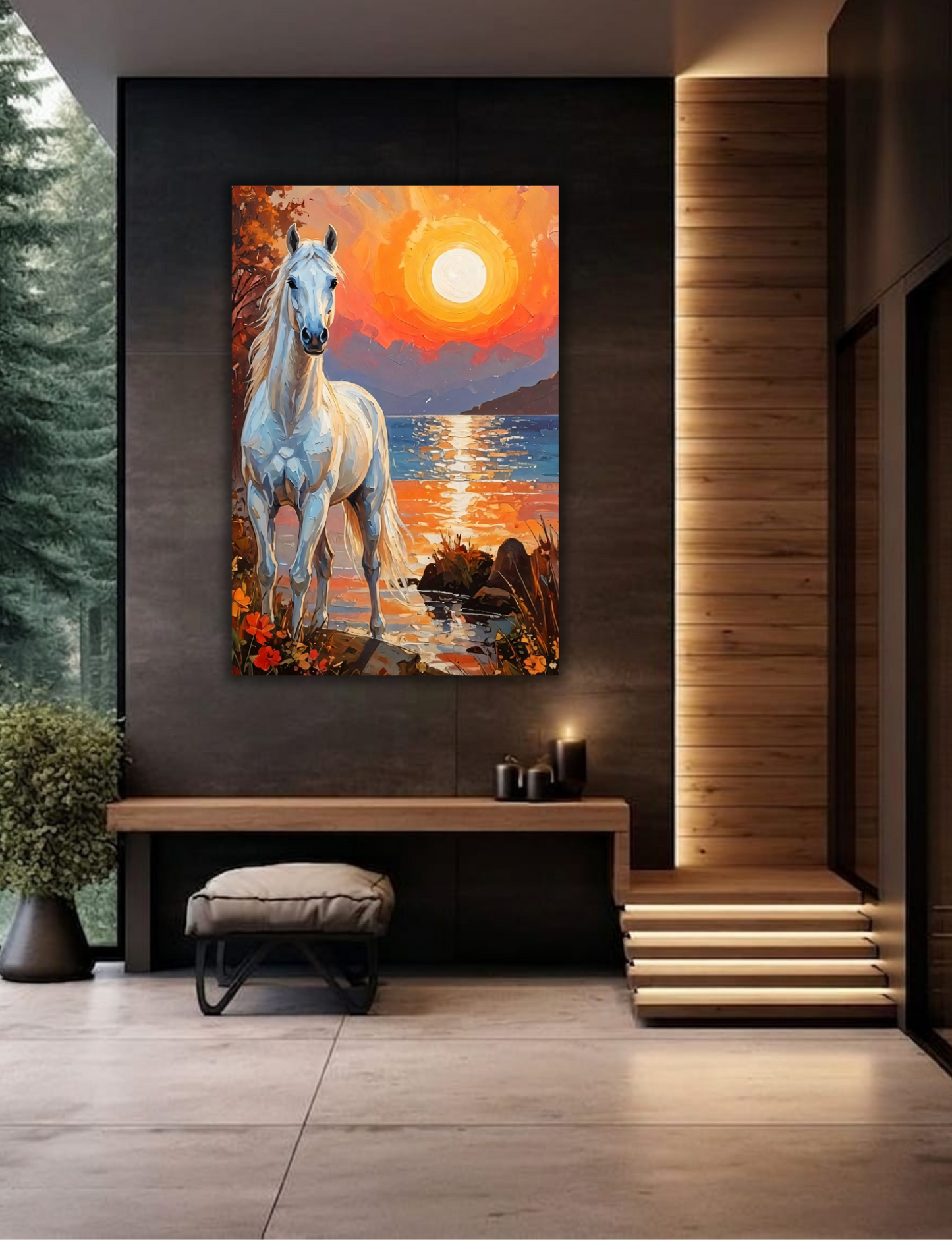 Coastal Serenade: Impressionist White Stallion Sunset Canvas Print