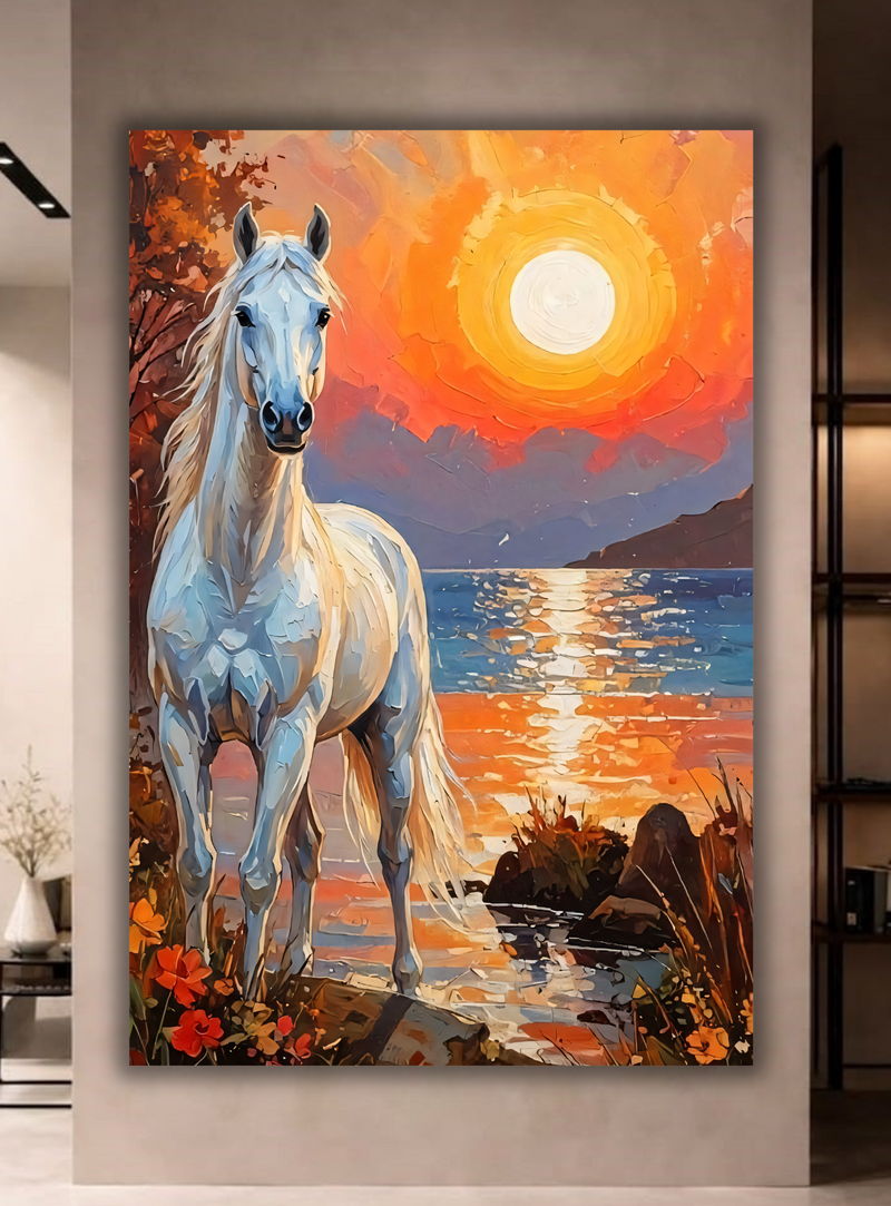 Coastal Serenade: Impressionist White Stallion Sunset Canvas Print
