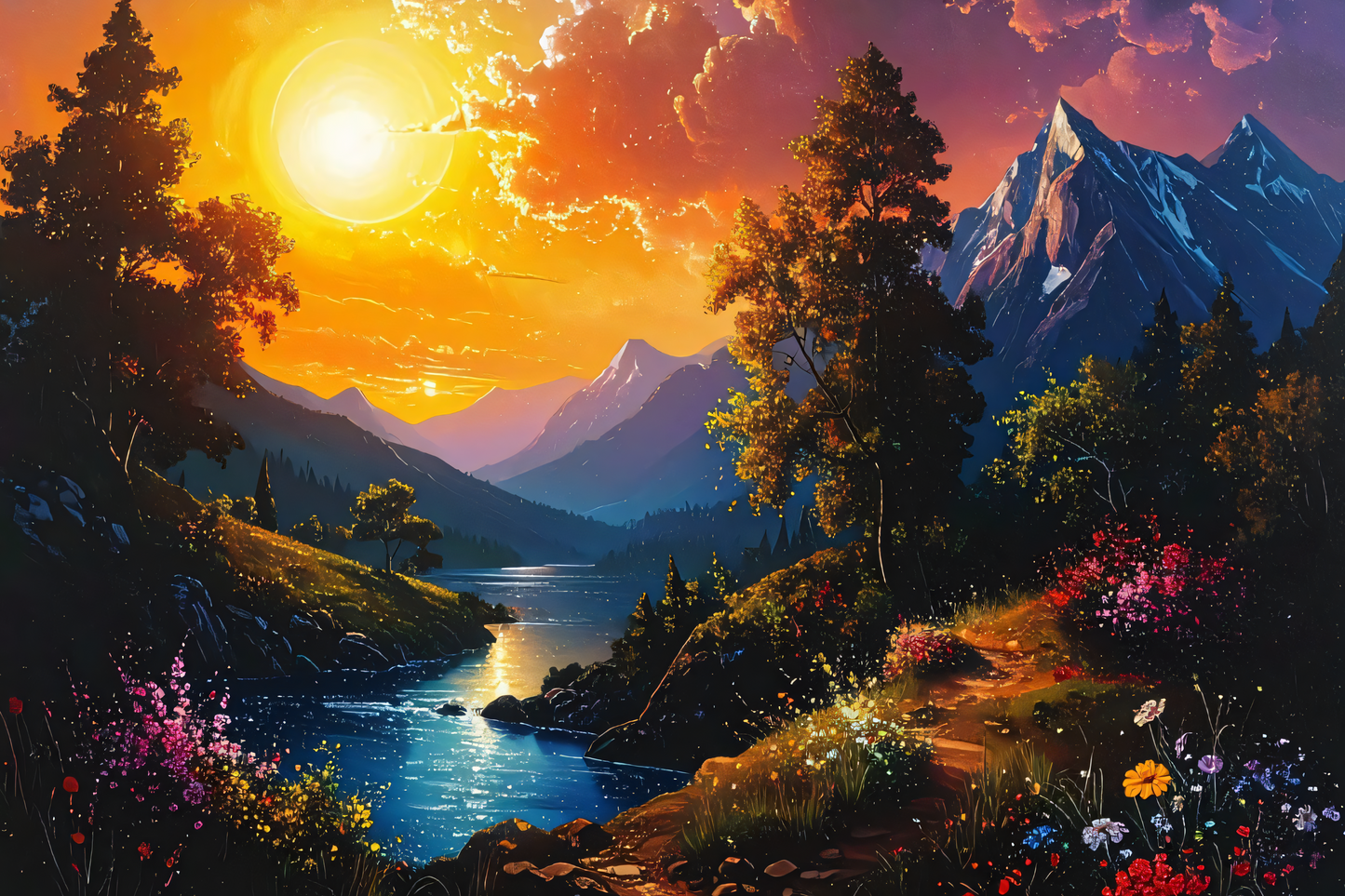 Eternal Sunset: Vibrant Impressionist Alpine Valley Canvas Art Print
