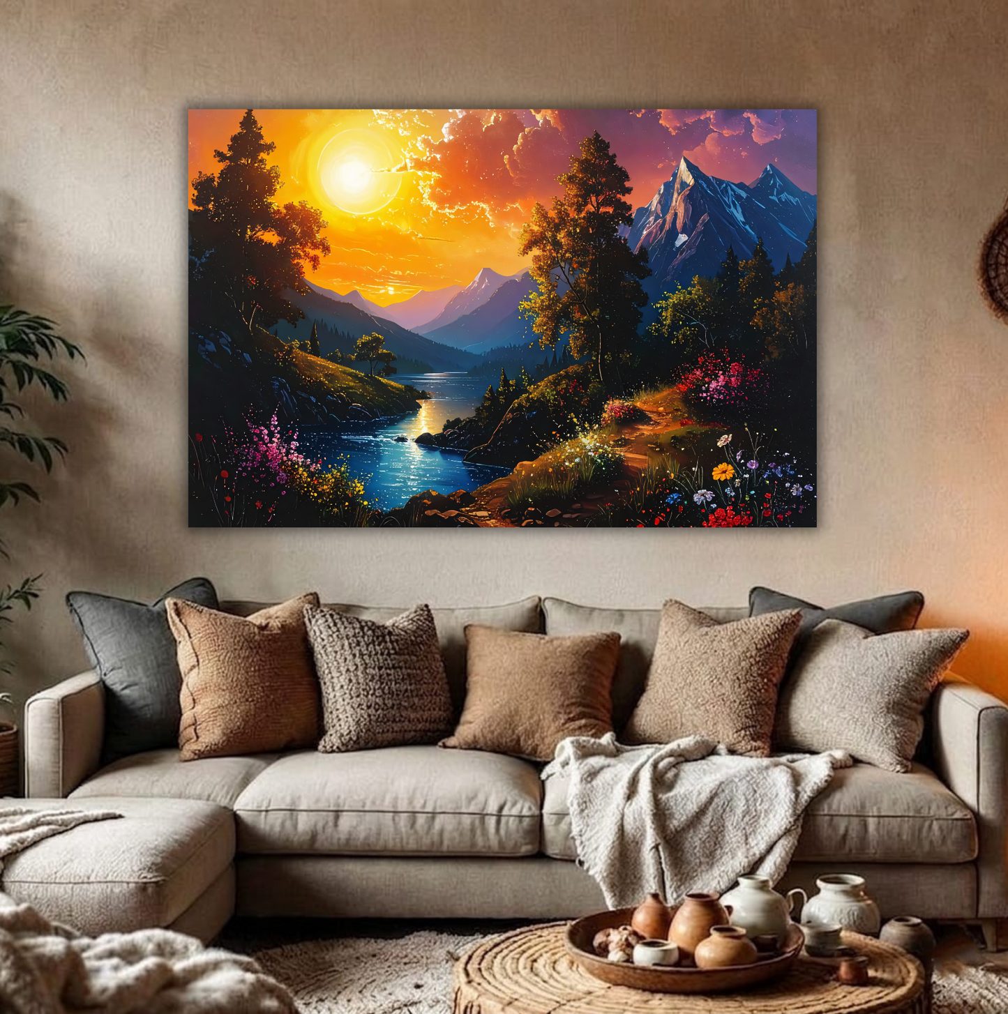 Eternal Sunset: Vibrant Impressionist Alpine Valley Canvas Art Print