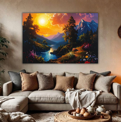 Eternal Sunset: Vibrant Impressionist Alpine Valley Canvas Art Print