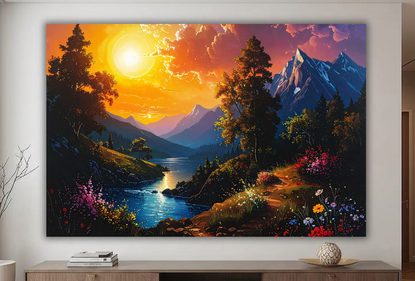 Eternal Sunset: Vibrant Impressionist Alpine Valley Canvas Art Print