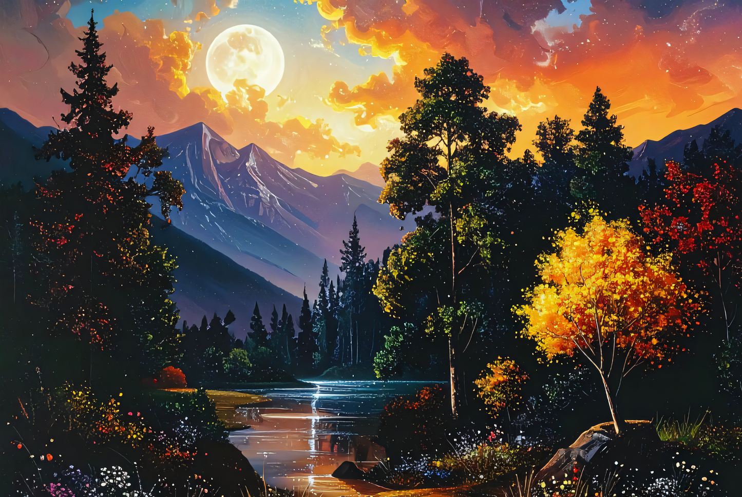 Harvest Moon Rising: Impressionist Alpine Forest Canvas Art Print