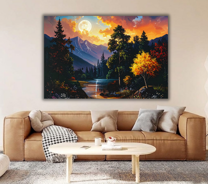 Harvest Moon Rising: Impressionist Alpine Forest Canvas Art Print