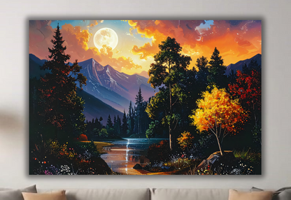 Harvest Moon Rising: Impressionist Alpine Forest Canvas Art Print