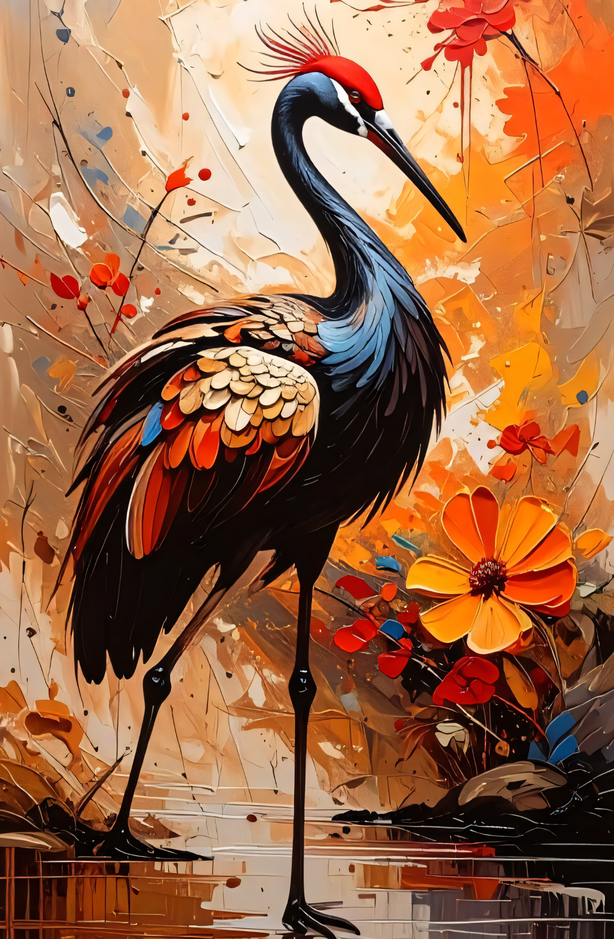 Golden Plumage: Textured Crane and Blossom Wildlife Wall Art