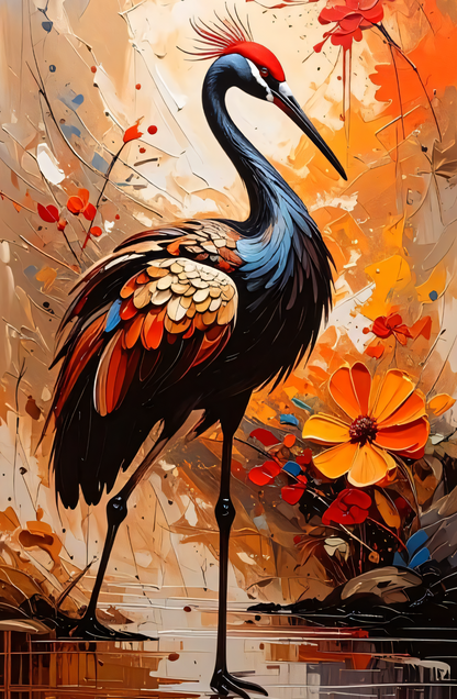 Golden Plumage: Textured Crane and Blossom Wildlife Wall Art