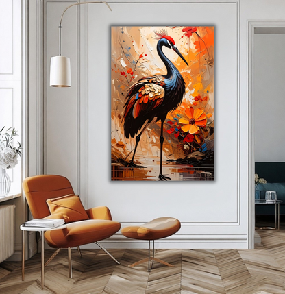Golden Plumage: Textured Crane and Blossom Wildlife Wall Art