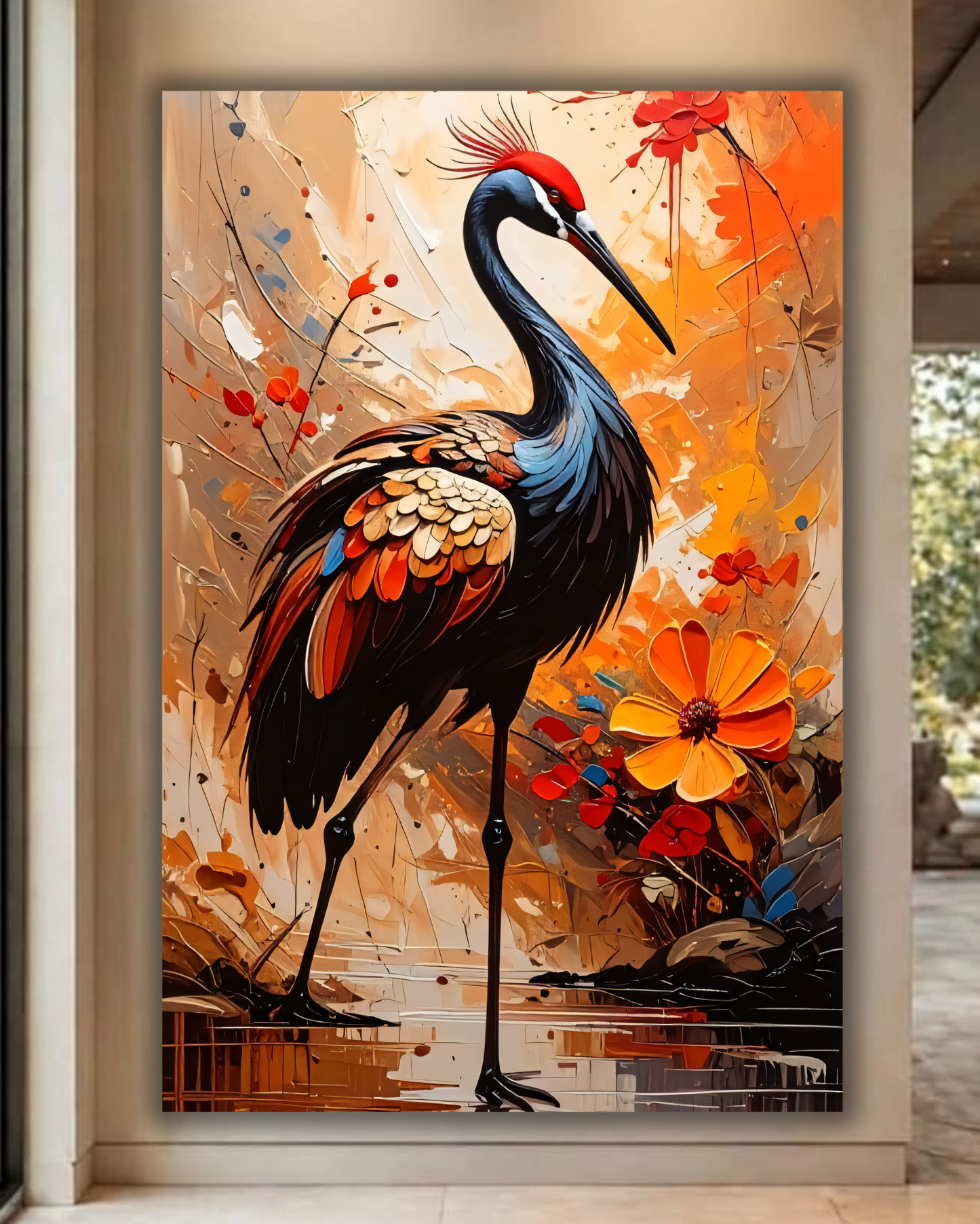Golden Plumage: Textured Crane and Blossom Wildlife Wall Art