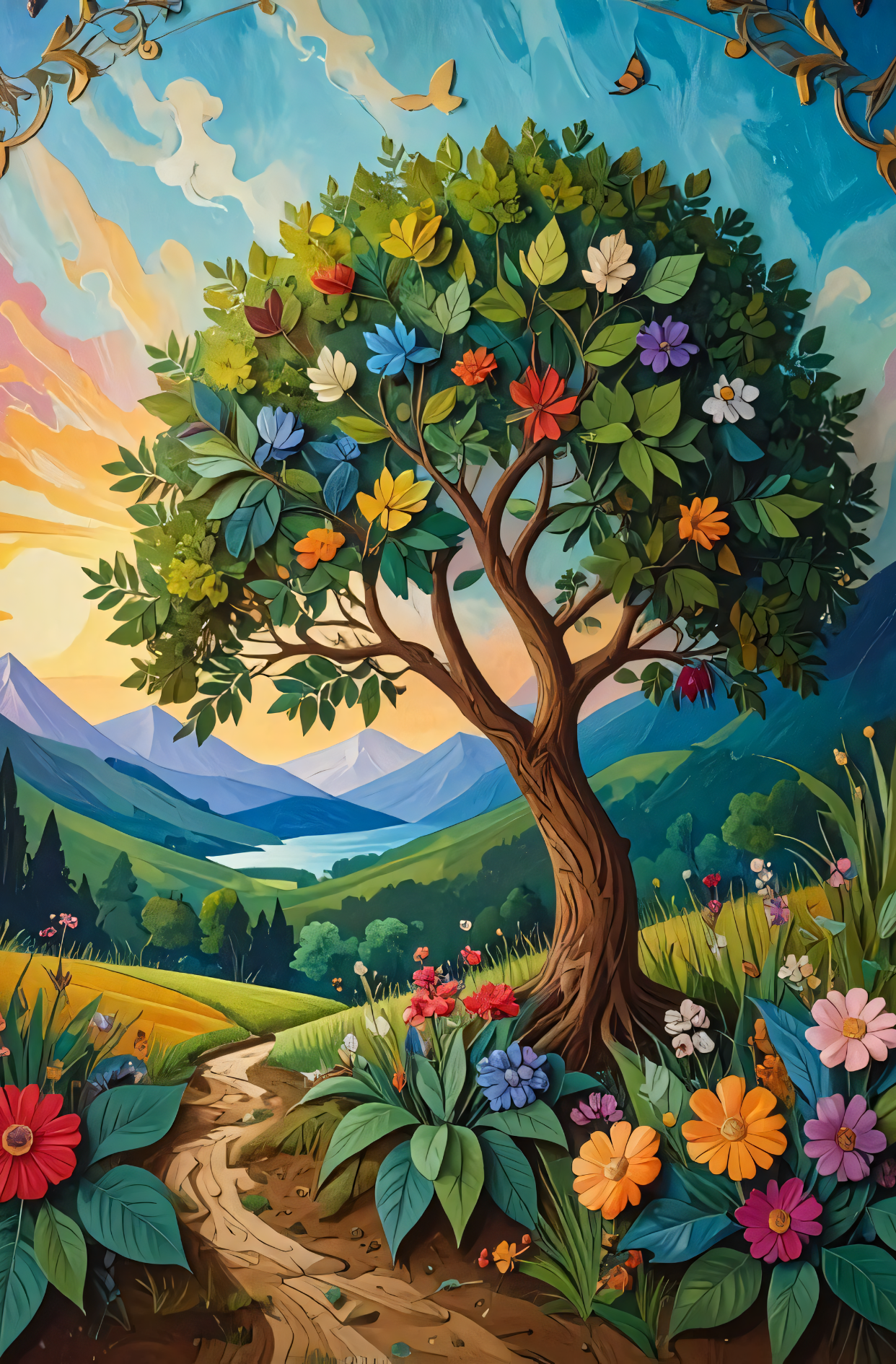 The Whimsical Tree of Life: Layered Papercraft-Style Landscape Canvas Print